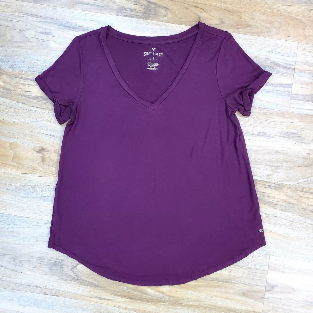 💛American Eagle Burgundy Soft & Sexy Cuffed Short Sleeve Top Small